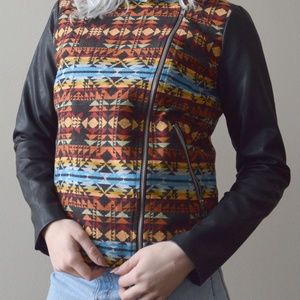 Abstract Print Jacket with Leather Sleeves